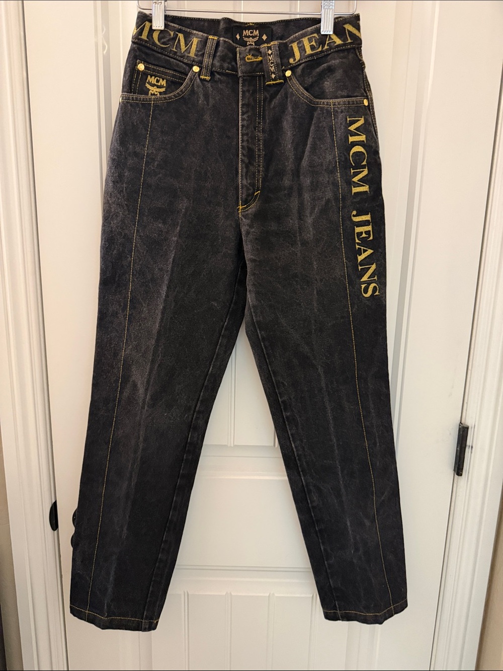 MCM Men's Black Denim Jeans with Gold Logo Trim